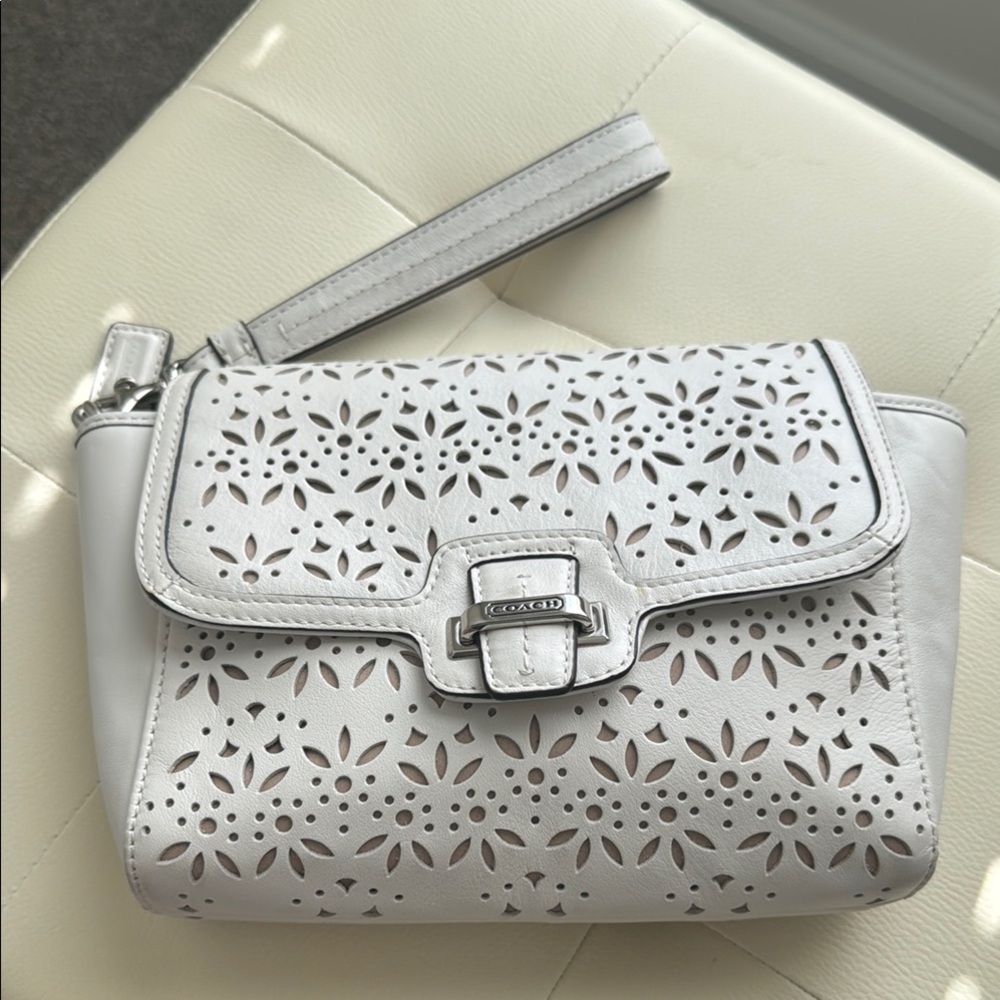 Coach Taylor Eyelet Leather Flap White Clutch
